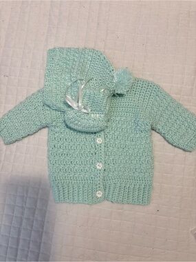 3 Piece set - Hand Crafted Mint Green Knit Jacket with Matching Booties